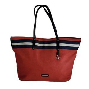 Tommy Hilfiger Women's Canvas Red White Blue Striped Tote Bag Leather Straps